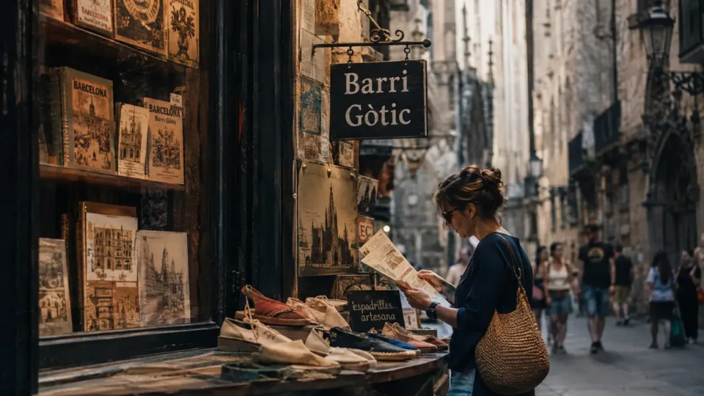 Shopping quartier gothique barcelone dans une ruelle du Barri Gòtic, vitrine artisanale