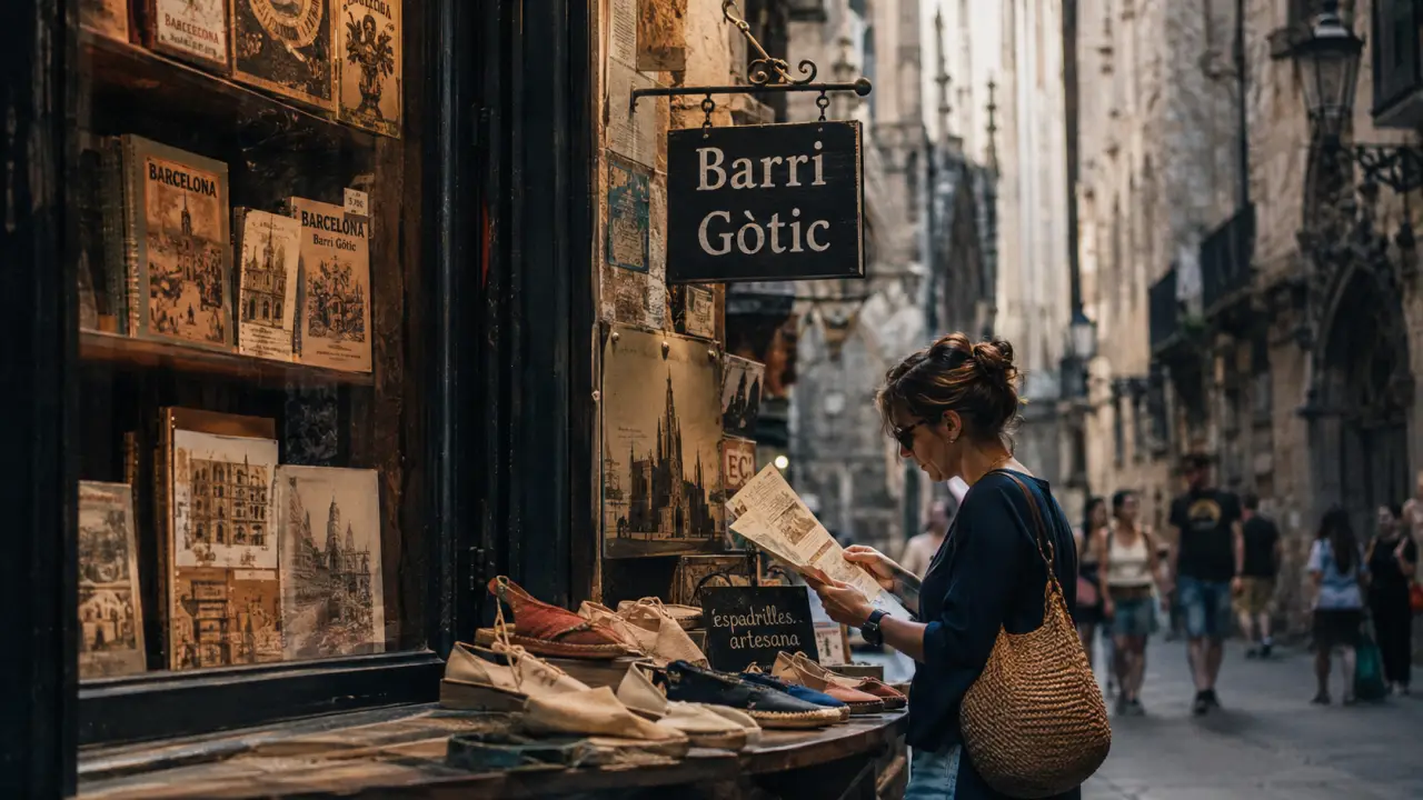 Shopping quartier gothique barcelone dans une ruelle du Barri Gòtic, vitrine artisanale
