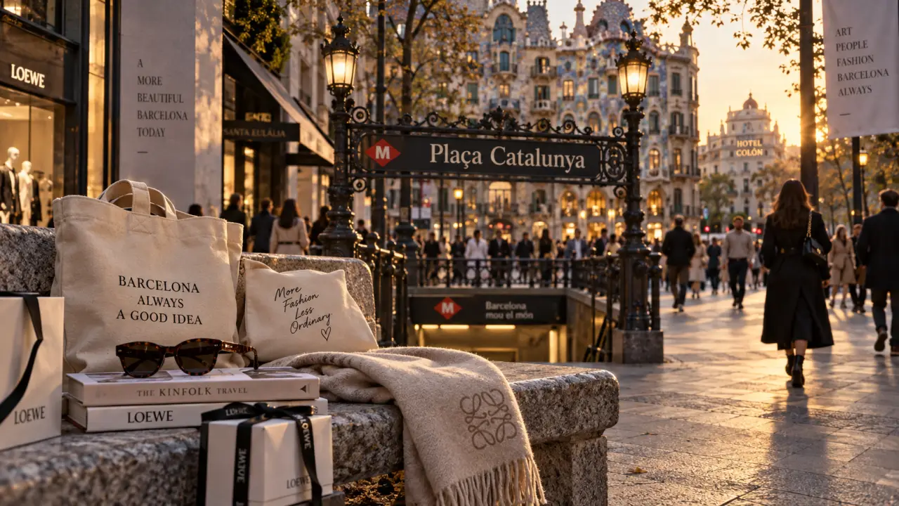 centre ville barcelone shopping près de Plaça Catalunya, sacs et lunettes sur banc près du métro