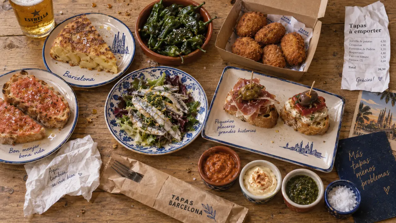 tapas a emporter barcelone : flat-lay de tapas (tortilla, croquettes, boquerones) en boîtes