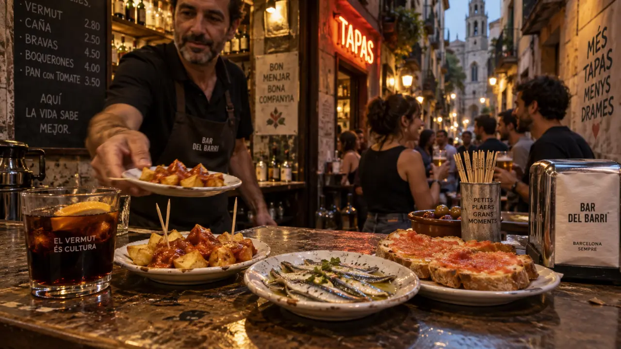 tapas barcelone blog : patatas bravas et boquerones dans un bar de quartier à Barcelone